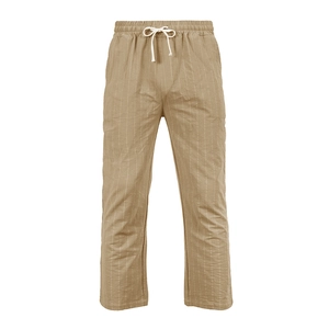 Detail of khaki vertical striped men's pants showing elastic waist and white drawstring