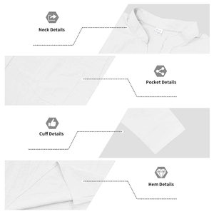 Detail view of white men's linen cotton shirt showing V-neck, pocket, and side slit