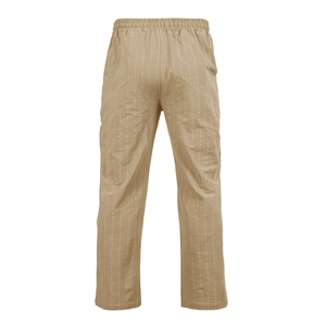 Detail view of khaki striped casual pants with elastic waistband and linen texture