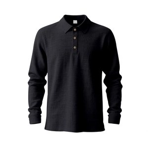 Detail of waffle textured black long sleeve polo shirt with brown buttons and ribbed cuffs