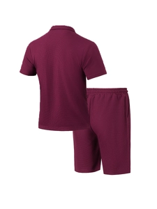 Deep burgundy men's waffle knit short sleeve polo shirt and shorts set detailed view