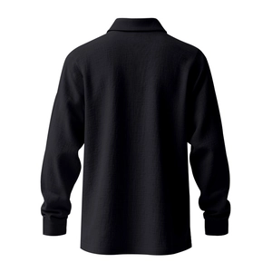 Detailed back view of a black linen long sleeve polo shirt showing fabric texture