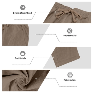 Detail view of brown linen pants showing drawstring waist, pockets and fabric texture