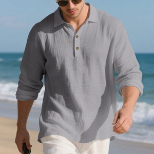 Macro detail of breathable linen polo shirt fabric texture and three-button collar design