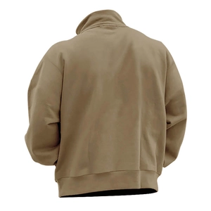 Rear view of brown drawstring hoodie with ribbed hem and cuffs on white background