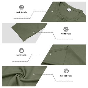 Détails du t-shirt Henley vert olive montrant le col boutonné et la texture côtelée