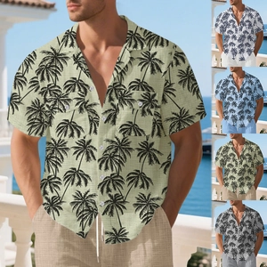 Men's relaxed fit linen-style short sleeve Hawaiian shirt with tropical palm tree print