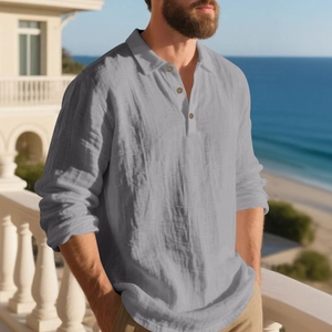 Detail of light grey linen long sleeve polo shirt featuring natural fabric texture and buttons