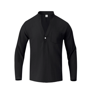 Detail view of the linen cotton blend fabric texture and the V-neck button on black shirt