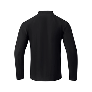 Macro detail of the back view of a black linen Henley shirt with stand-up collar texture