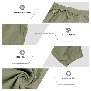 Detailed views of men's olive green linen pants with drawstring waist and pocket texture