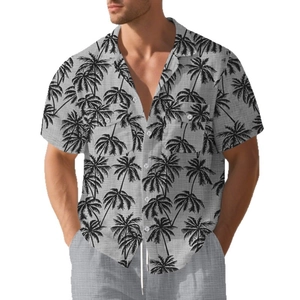 Men's loose tropical coconut tree print short sleeve shirt in linen texture fabric