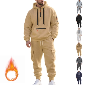Ensemble sweat à capuche et pantalon cargo en polaire lourde pour homme multicolore