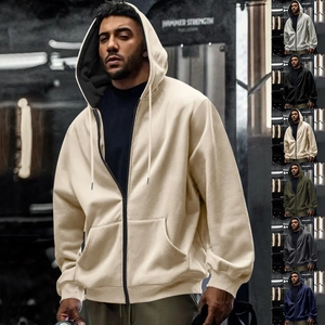 Waterproof apricot men's zip-up hoodie with drawstring hood and elastic ribbed cuffs