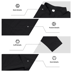 Detail view of linen blend men's shirt showing the V-neck, pocket, cuff and hem features