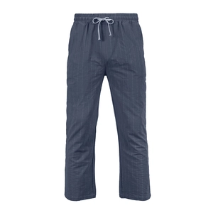 Detail of men's casual vertical stripe pants featuring elastic waist and grey drawstring