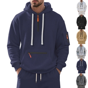 Men's winter fleece quarter-zip hoodie and jogger set with orange zipper and sleeve pocket