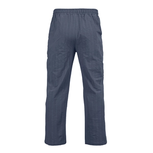 Detail view of the elastic waistband and vertical stripes on blue straight casual pants