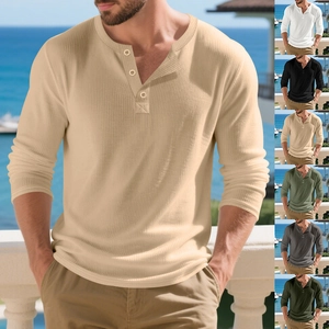 Haut henley à manches longues pour hommes en maille côtelée avec boutons coloris kaki