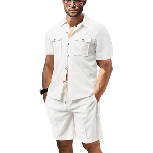 Detail of white waffle knit texture on men's summer short sleeve shirt and shorts set