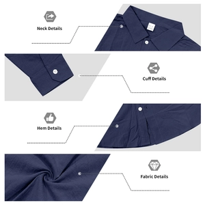 Detail of navy linen shirt showing collar, buttoned cuffs, and natural fabric texture