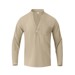 Detail of khaki linen Henley shirt showing V-neck button and chest pocket texture