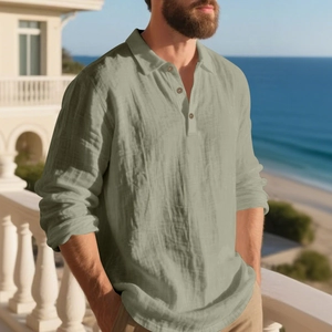Detailed view of linen texture and button neckline on the men's long sleeve polo shirt