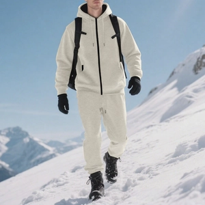 Men's winter fleece hoodie and joggers set in beige color for outdoor snowy hiking
