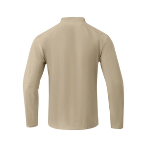 Detail view of khaki long sleeve linen shirt back showing high-quality fabric texture