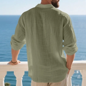 Rear view of olive green linen long sleeve shirt for men at seaside balcony setting