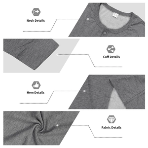 Détails d'un t-shirt Henley en coton montrant le col, les poignets et le tissu gris