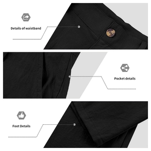Détails du pantalon en lin montrant la taille avec bouton en bois et les poches