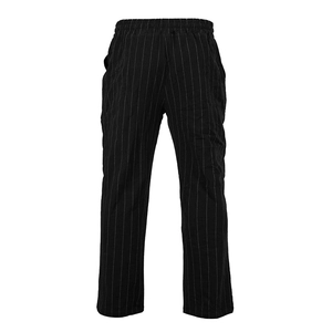 Detail of drawstring waist and vertical pinstripe pattern on black casual trousers
