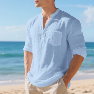 Detail of light blue linen-blend Henley shirt with chest pocket and stand collar