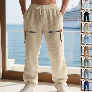 Men's loose linen pants with drawstring waist and zip pockets in 8 different colors