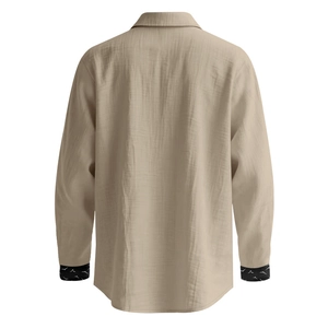 Detail view of khaki linen shirt back with textured fabric and patterned cuffs