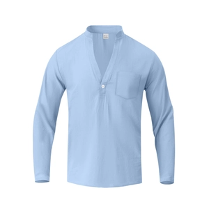 Close-up of a light blue linen shirt featuring a Henley V-neck design and a chest pocket