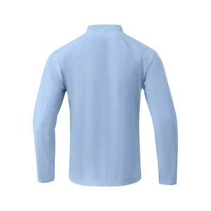 Detail of light blue linen shirt fabric texture and neat back tailoring on a stand collar