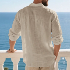 Men's linen long sleeve polo shirt with breathable textured fabric back view outdoors