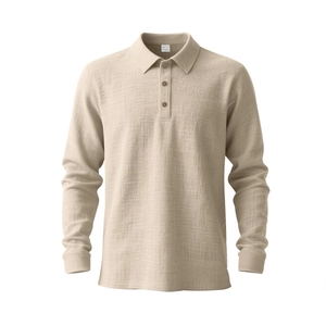 Detailed macro view of linen texture and brown buttons on a beige long sleeve polo shirt