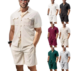 Men Waffle Knit Casual Set Polyester Top And Bottom Short Sleeve Button Down Shirt And Drawstring Shorts Solid Color Summer Outfit