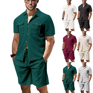 Men's summer waffle knit short sleeve shirt and shorts casual set in multiple colors