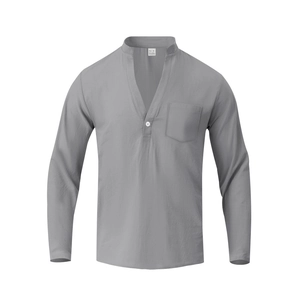 Detail of grey men's linen Henley shirt showing V-neck, button, and chest pocket texture