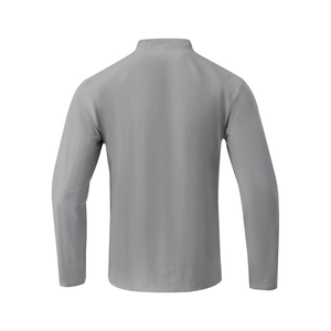 Back view of light grey men's linen long sleeve shirt with detailed fabric texture