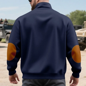 Donkerblauwe herensweatshirt met bruine lederen elleboogstukken aan de achterzijde
