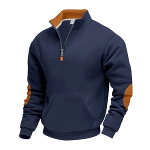 Heren navy sweatshirt met kwartrits, oranje elleboogstukken en een handige kangoeroezak