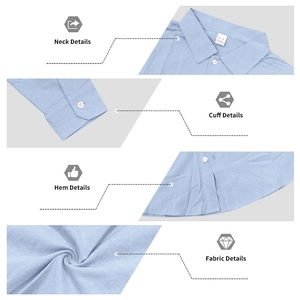 Detail view of linen blend shirt featuring collar structure, cuffs, hem and fabric texture