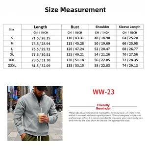 Men's winter fleece sweatshirt size chart with detailed measurements in CM and INCH