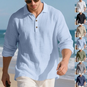 Men Casual Linen Long Sleeve Shirt Lapel Button Loose Top Beach Vacation Textured Fabric Solid Color Lightweight Shirt