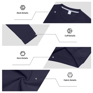 Details von dunkelblauem Fleece-Sweatshirt, Nähten, Rippbündchen und dem Halsausschnitt